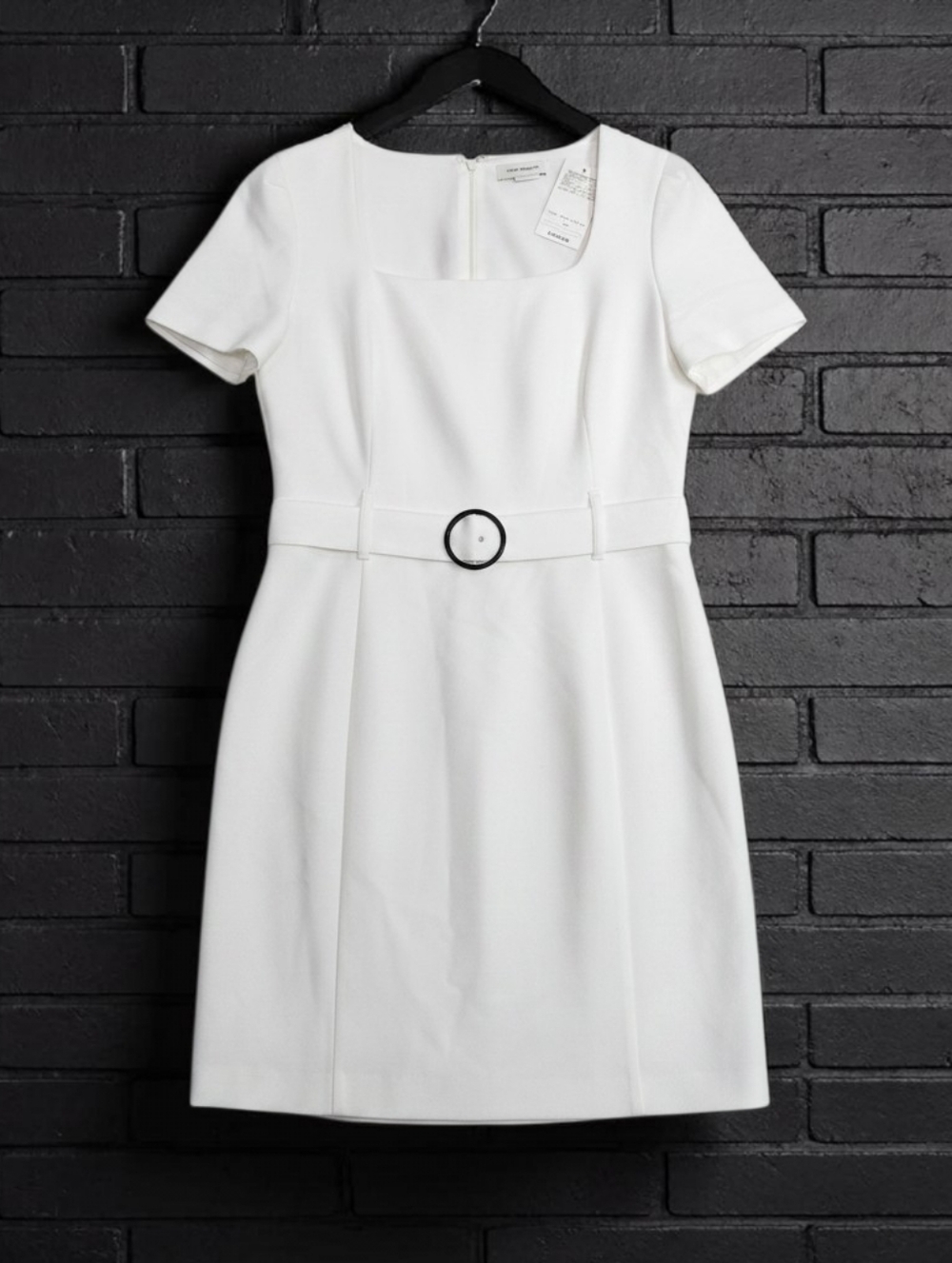 Club Monaco Belted Mini Dress White Square Neck Short Sleeve Shift Minimalist 10
